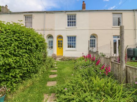 A row of terraced houses with a yellow door and garden path surrounded by plants and flowers at Bedford Terrace in Bridport