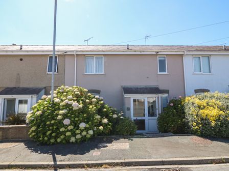 A row of houses with bushes and flowers in front at Llwyn Gwalch in Morfa Nefyn
