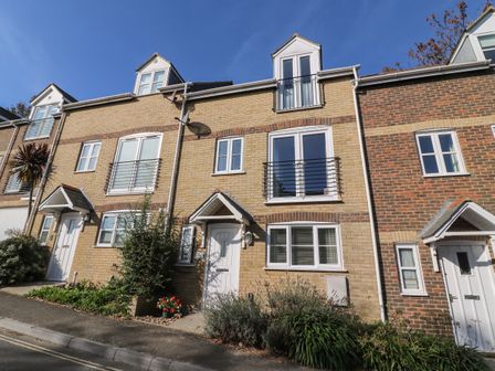 A row of brick terraced houses with white doors and windows along a street at Castle Cove View in Castle Cove