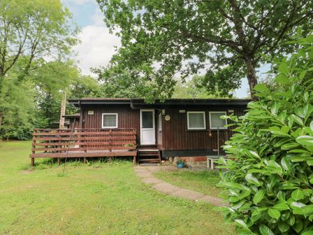 A wooden cabin with a white door surrounded by grass and trees at Doirewood Penlan Holiday Park near Cenarth
