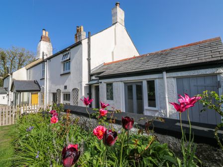 An outdoor area with flowers and a house at 3 Rock Cottages Kingston
