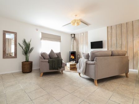 A living room with two sofas a fireplace and a potted plant at The Old Post Office in Porthleven