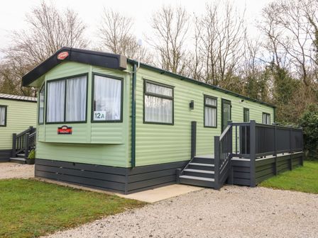 A green static caravan with black trim and steps leading to a side entrance at 12A Borwick Lakes South Lakeland Leisure Village