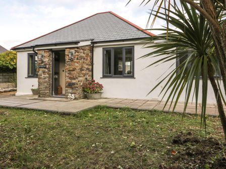 A house with a slate roof stone entrance and two windows with a garden and palm tree in the foreground at Crantock Lodge in Crantock