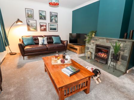 A living room with a brown leather sofa cushions a wooden coffee table a fireplace a television and a dog on the floor at Friar's Roost in Keswick