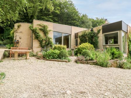 A gravel garden with shrubs and a bench outside a modern house at Under Catswood in Elcombe near Stroud