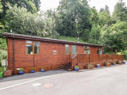 A wooden lodge with a front porch and potted plants along the base surrounded by trees at Ambleside Lodge Fellside 3 Limefitt Park near Windermere