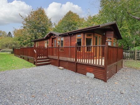 A wooden lodge with a fenced porch and gravel driveway surrounded by trees at Cedar Lodge Langdale 20 White Cross Bay near Windermere
