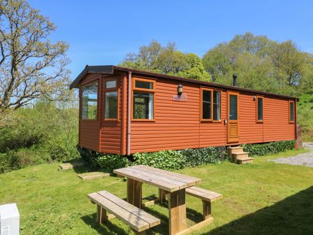 A wooden lodge with windows and a door next to a wooden picnic table and benches on grass at Valley Lodge in Bampton Devon