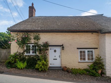 A cottage with a thatched roof two windows a white door and plants by the entrance at 4 Bishops Cottages in Wootton Courtenay