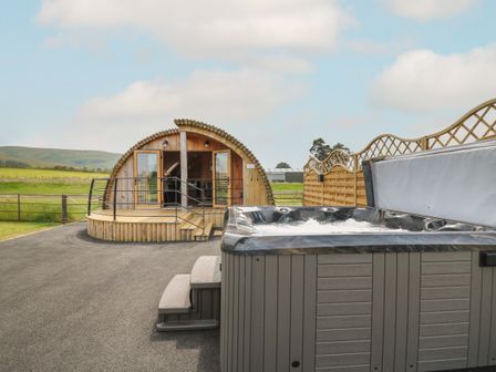 An outdoor hot tub on a paved area next to a wooden pod with glass doors and railing at Bluebell in St Harmon near Rhayader