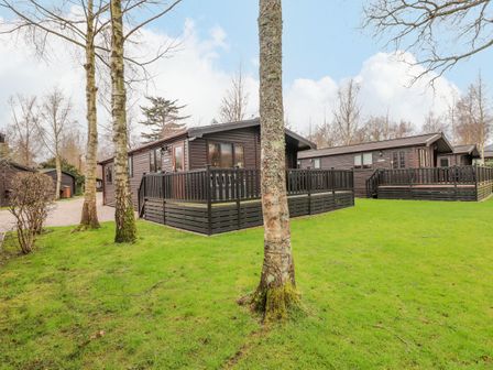 Two wooden cabins with fenced decks on green grass with trees at The Fold Number 28 Burnside Park near Keswick