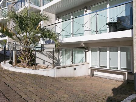 A ground floor balcony with glass railing and a palm tree next to a paved pathway at Tides in St Ives