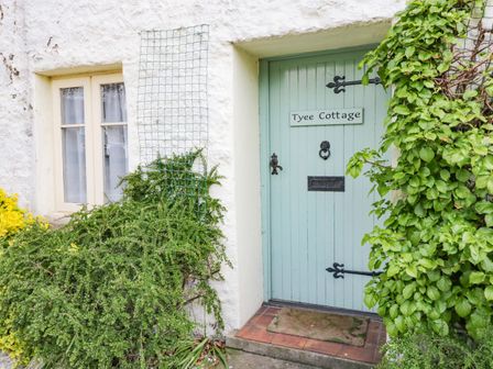A cottage entrance with a pale green door and plants around it at Tyee Cottage in Burton-In-Kendal