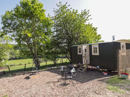 An outdoor area with two chairs and a table beside a dark green hut under trees at The Shepherds Hut at Marley in Marley near Barham Kent