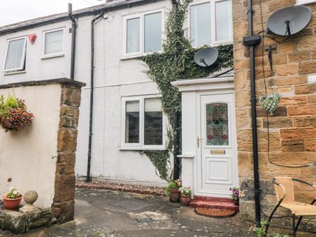 A white door with stained glass flowers outside a house with ivy on the wall and potted plants on the ground at Swainby Cottage in Swainby