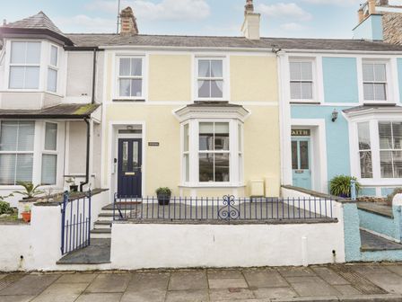 A row of terraced houses with small front yards and blue gates at Hyfrydle in Borth-Y-Gest
