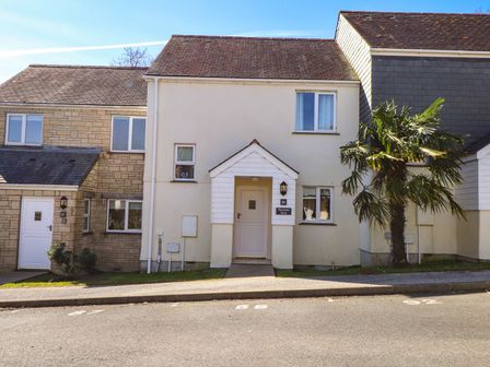 A residential street with numbered houses and a palm tree at Pheasants Walk in Falmouth