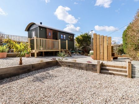 An outdoor area with a small wooden cabin on stilts a raised wooden platform a gravel ground and wooden steps at Badgers Rest in Tintagel