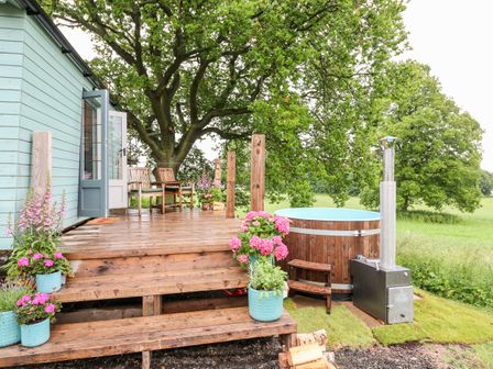 A wooden deck with chairs and flower pots next to a hot tub and green trees at The Lazy Mare by The Water Admaston near Abbots Bromley