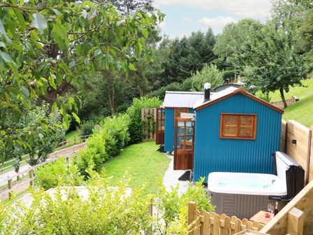 Two blue tiny houses with wooden doors and window frames in a green garden with a hot tub on a hillside at Little Silver Pheasant in High Bickington