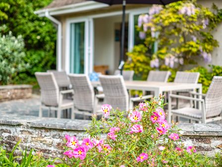 A garden patio with a dining table and chairs and pink flowers in the foreground at Tregillan in Rock