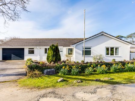 A white single-story house with a tiled roof a black garage door several windows a flagpole and a garden with yellow flowers at Rock Hill in Rock