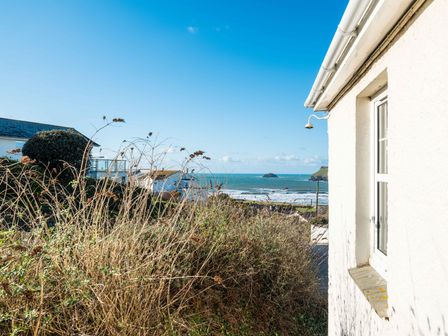 A coastal view with dried plants bushes and white buildings near the ocean at Pinewood Flat 5 in Polzeath