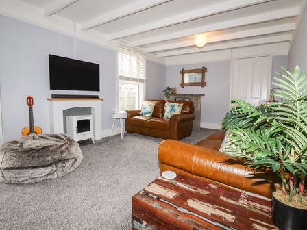 A living room with brown leather sofas a mounted TV a fireplace a guitar a large plant and a furry round cushion on the floor at The Old Bark House No 3 Mevagissey