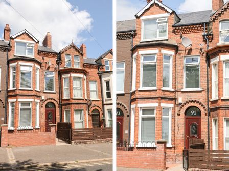 Two images of a red brick terraced house with a red door numbered 91 and bay windows at Number 91 in Belfast County Antrim
