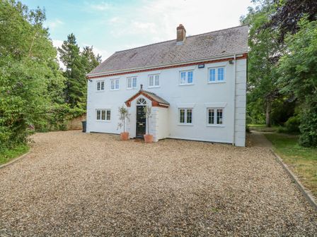 A two story white house with multiple windows and a gravel driveway surrounded by trees at The Firs in Wendling near Dereham