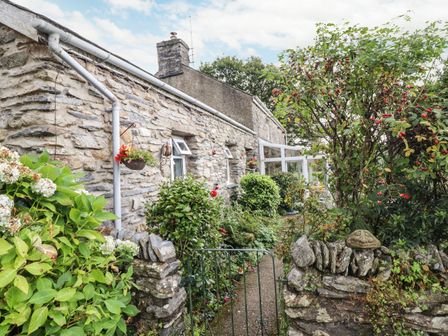 A stone cottage exterior with plants and flowers along a path and a metal gate at Cwm Caeth Cottage in Nantmor near Beddgelert