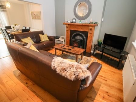 A living room with brown leather sofas a wooden coffee table a fireplace and a television at Pebble Lodge in Kenmare County Kerry