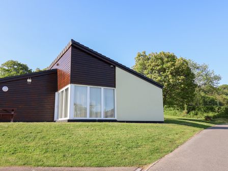 A modern single-story house with dark wood paneling white walls and large windows on a grassy slope at Harcombe House Bungalow 3 in Chudleigh