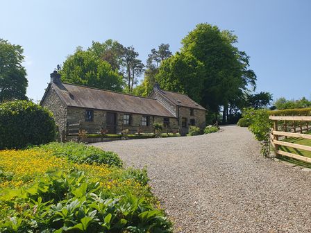 A stone cottage with a gravel driveway surrounded by trees and garden at Ty Barcud in Llanfair Clydogau