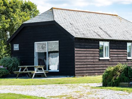 A black wooden cabin with a picnic table outside and greenery around at Gull Lodge in Port Isaac