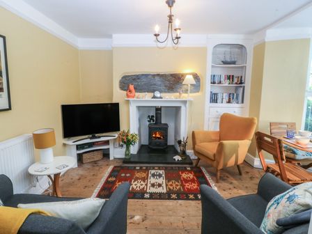 A living room with a fireplace and television at Maenllwyd Borth-Y-Gest near Porthmadog