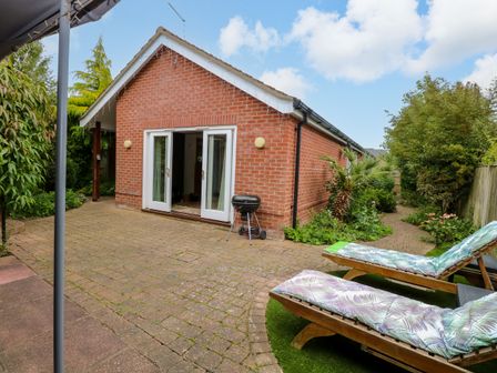 A garden with sun loungers and a grill at Birch Cottage in Brundall