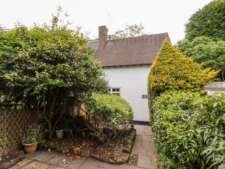 A pathway surrounded by bushes leading to a white building with a tiled roof at Hock-tide Cottage in Kenilworth