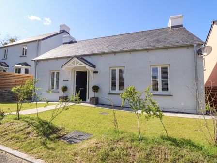 A white single story house with a black front door and small trees in front of it at Ty Owen in Newport Pembrokeshire