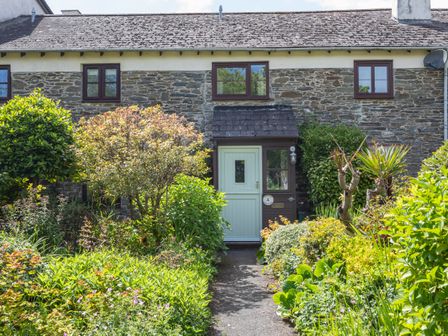 A stone cottage with a white door surrounded by a garden with various plants and bushes at Oyster Cottage in Salcombe