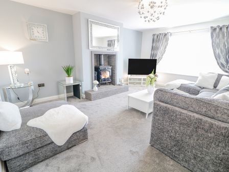 A living room with a fireplace television sofas and a coffee table at SJs Cottage in Castlerock