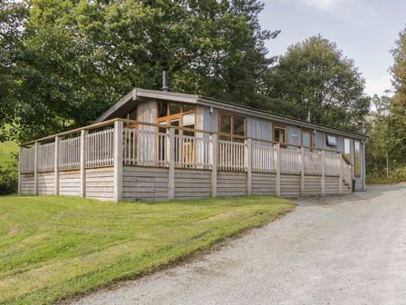 A wooden lodge with a fenced deck surrounded by trees at Leafy Nook Lodge in Hawkshead