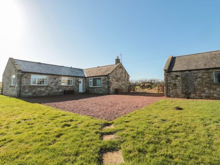 A stone cottage with a gravel driveway and green grass at Thistleyhaugh Cottage Longhorsley near Longframlington