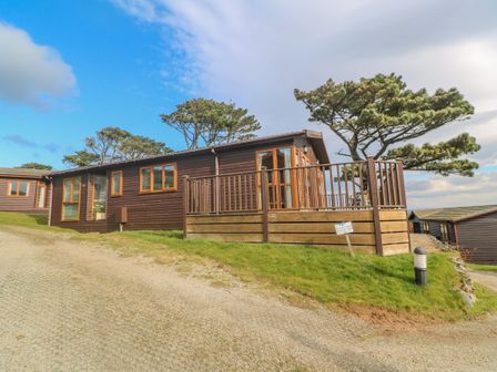 A wooden lodge with a fenced deck and trees in the background at Lodge 23 in Torpoint