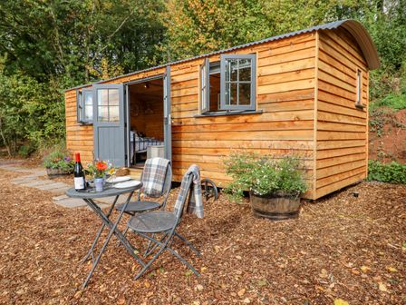 A small wooden cabin with open doors and windows a table with two chairs and a bottle of wine outside at Hideaway Cabin in Cadbury near Thorverton