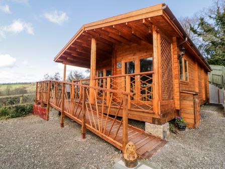 A wooden cabin with a covered porch and ramp in a rural setting at Bearscombe View in Modbury