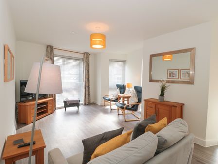 A living room with sofa, cushions, wooden tables, chairs, a television, and a large mirror at Apartment 9 in Exmouth