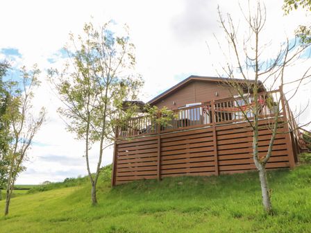 A wooden cabin with a deck and railing on a grassy hill with several small trees at Rashierigg in Catterick North Yorkshire