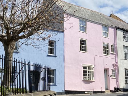 A street view of pastel blue and pink houses with a tree and black iron fence at Waltham House in Lyme Regis